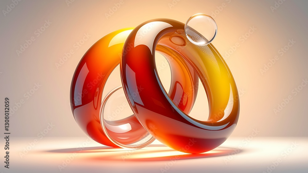 Poster dynamic background with glass and colorful plastic shapes. 3d rendering illustration.