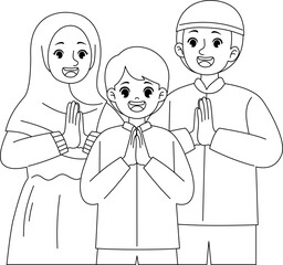 family celebrating eid mubarak coloring printable