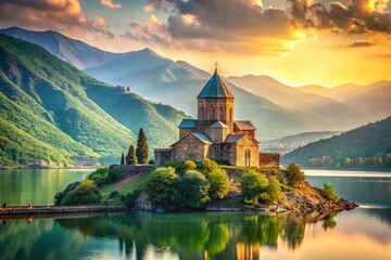 Fototapeta premium Ancient Georgian Stone Fortress Temple by Lake & Mountains - Minimalist Summer Landscape