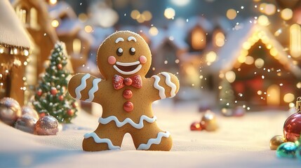 cute gingerbread man cartoon with icing decorations, smiling cheerfully in a festive Christmas setting