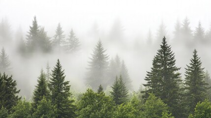 misty evergreen forest, showcasing the quiet beauty of tall trees enveloped in a soft, calming fog