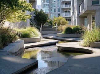 the modern urban landscape, featuring concrete walkways, water features, and plants within an apartment complex in downtown San Francisco Generative AI