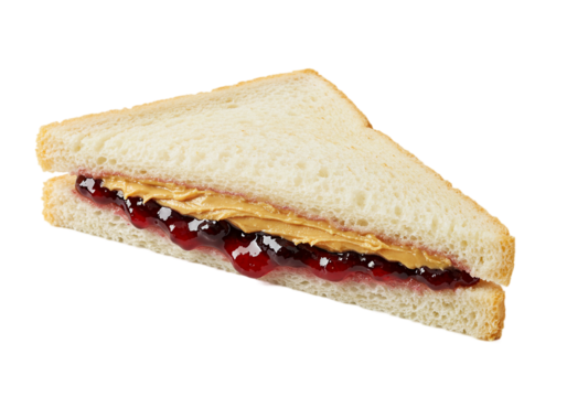 Classic peanut butter and jelly sandwich with grape jelly, white background