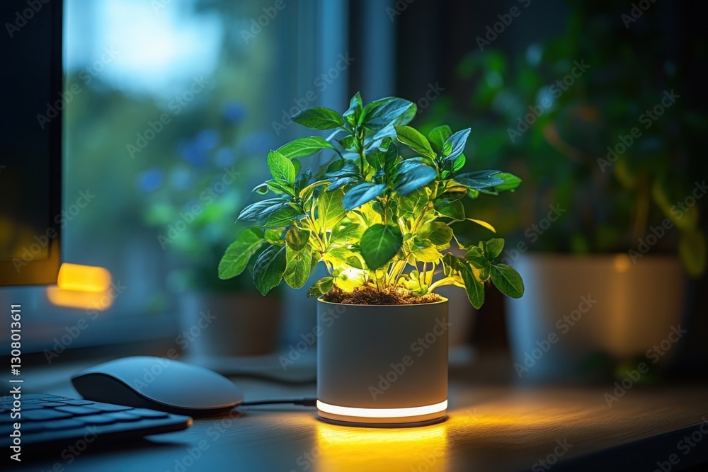 Poster illuminated plant on a desk adding a touch of green to the workspace with a soft warm glow enhancing