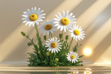 Elegant Chamomile Daisy Botanical Design with Sunlight Reflection on Cream Beige Background