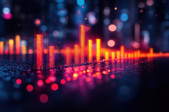 Abstract data visualization featuring glowing bars against a blurred city backdrop creating a futuristic and dynamic visual effect