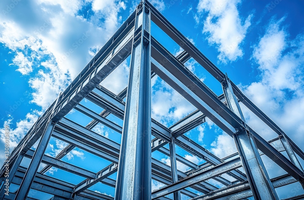 Aufkleber steel structure framework against bright blue sky with white clouds in construction site perspective