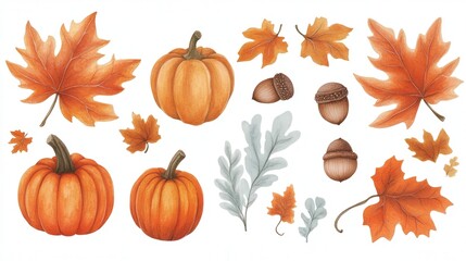 watercolor autumn elements cut out in PNG format, showcasing detailed and vibrant fall leaves