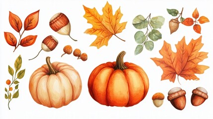 watercolor autumn elements cut out in PNG format, showcasing detailed and vibrant fall leaves