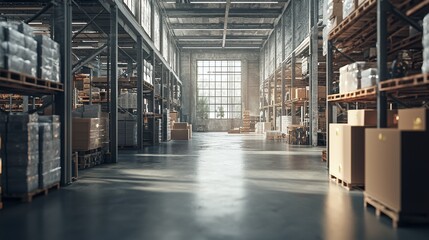 Spacious warehouse with tall shelves and boxes