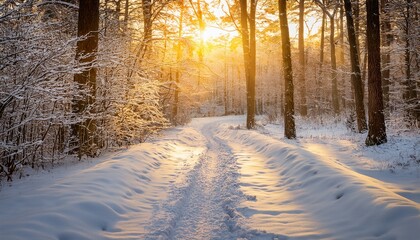 Naklejka premium a serene winter forest scene with a snow covered path illuminated by the golden light of sunrise creating a magical atmosphere