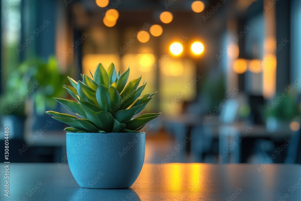 Poster small potted succulent on a shiny table surface with lights in the background creates a modern and c