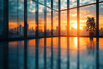 Fototapeta premium A stunning sunrise viewed from a modern office reflecting off the polished floor A potted plant adds a touch of nature to the scene