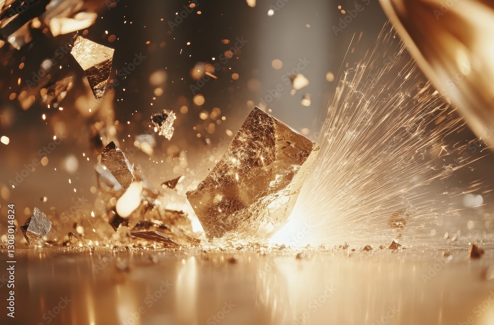 Poster stunning explosion of shimmering gold fragment with sparkling light reflections in dramatic close-up