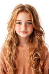 Adorable freckled girl with long, wavy auburn hair.