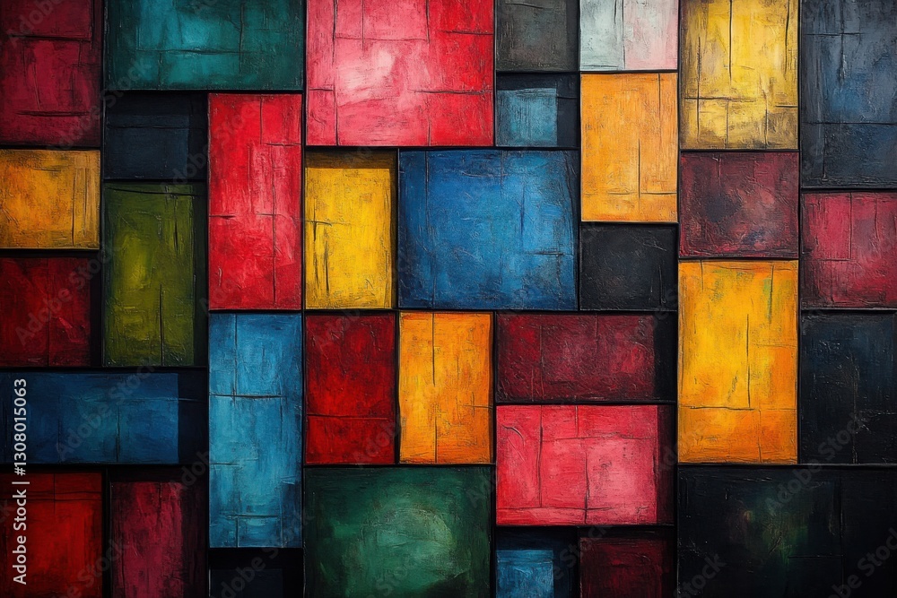 Poster colorful abstract rectangles: a vibrant textured arrangement of painted rectangles in various hues c