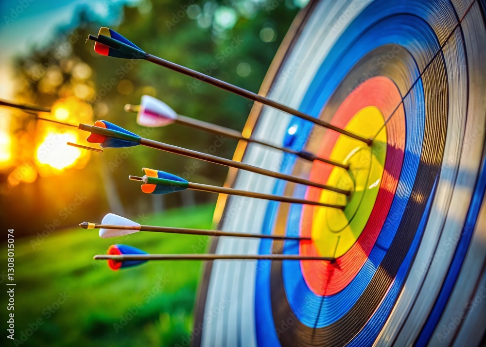 Poster archery target with arrows centered - rule of thirds composition stock photo