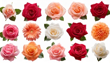 16 rose flowers isolated on white background