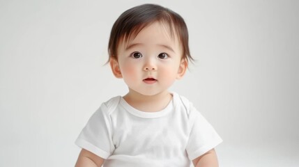 Naklejka premium Adorable Asian baby in a white onesie.