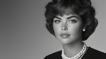 Fototapeta premium Elegant Woman Posing with Classic Hair and Jewelry on Gray Background