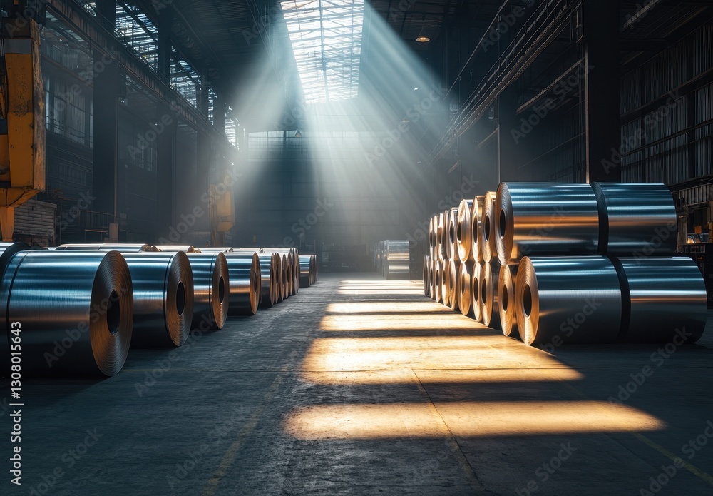 Poster sunlight beams illuminate industrial factory floor with metal coils stacked neatly in shadows and li