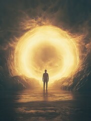 Person stands before a giant glowing portal in a mystical setting, captivating light and dynamic elements evoke a sense of wonder and adventure