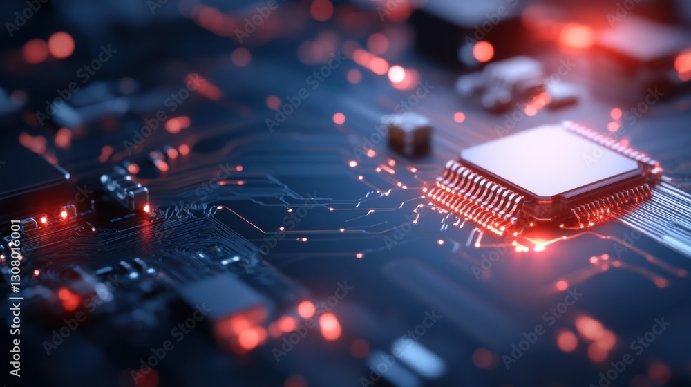 Aufkleber close-up of a computer processor chip on a circuit board with glowing red lights.