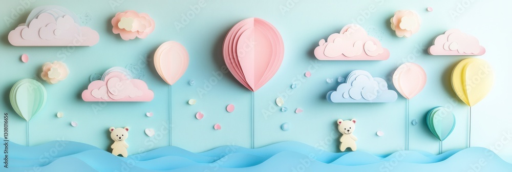 Poster Whimsical pastel paper cutouts of balloons and teddy bears create a playful scene for childrens imagination Generative AI