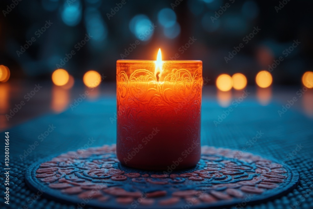 Poster warm candle glowing on a patterned mat casting a soft and inviting light peace and tranquility at ni