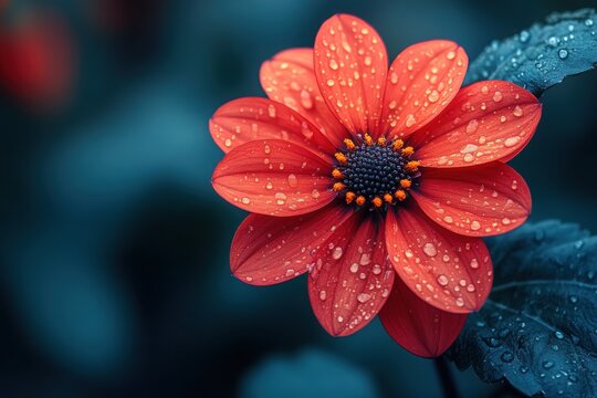 Red flower with water droplets The flower's petals are a vibrant red color The flower has a dark center and water droplets cover the petals