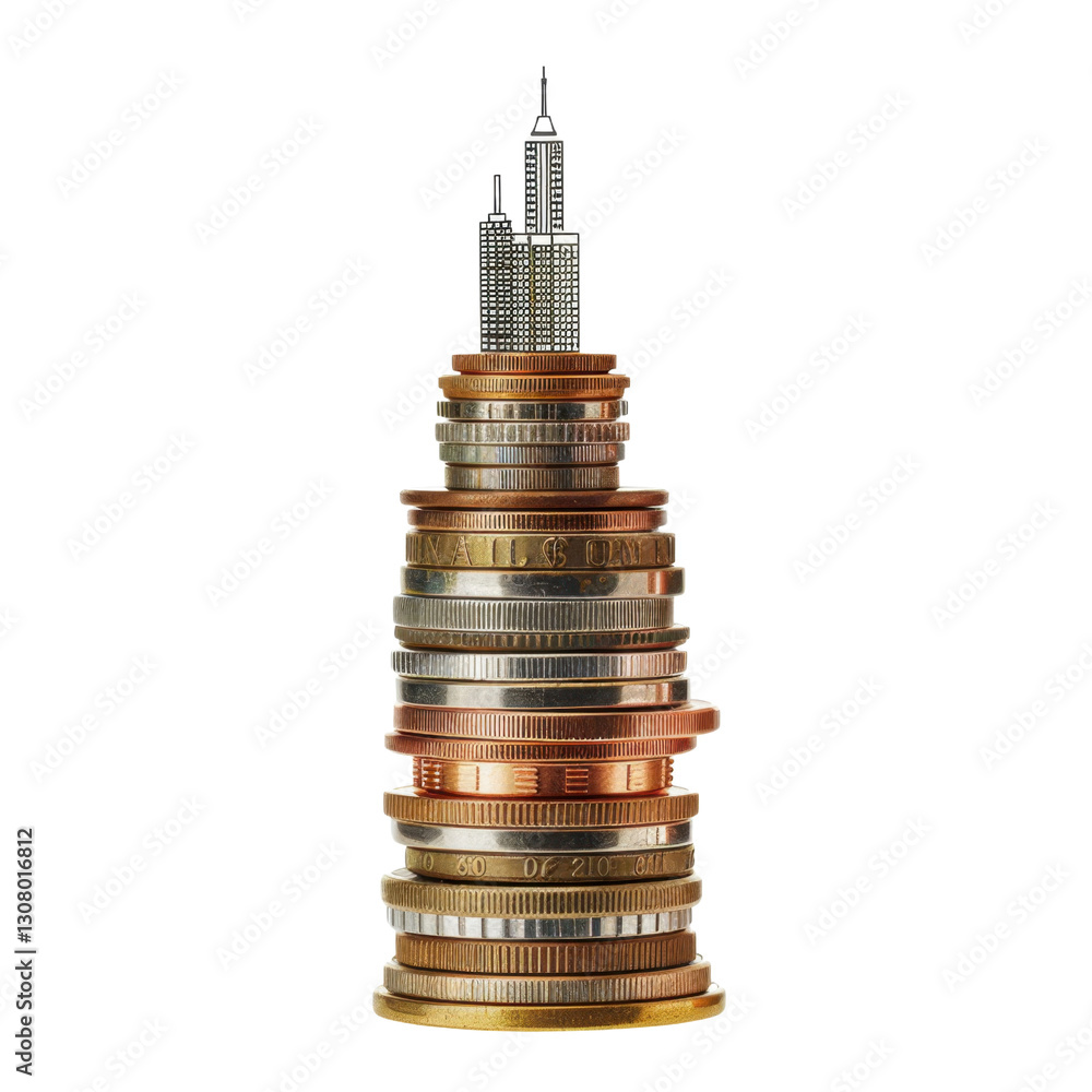 Poster stack of coins with skyscraper on top symbolizes wealth and success. image conveys idea of financial