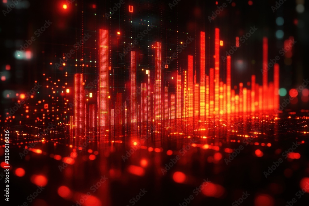 Poster abstract data visualization in red tones showing digital network activity or financial statistics mo