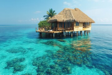 Experience luxury in a secluded tropical paradise with a stunning overwater bungalow. A boat adds the perfect touch to this dreamy escape.