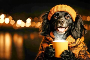 Animal welfare. Happy cute adult dog gordon setter in winter warm clothes, holding hot beverage with rising steam in paws. Hilarious pets. Winter pet photos. Funny pet sweaters. Dog snow boot.