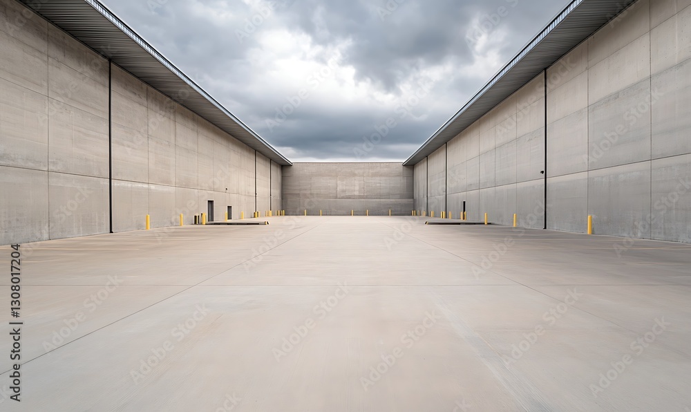 Poster empty industrial space with concrete walls under a cloudy sky.
