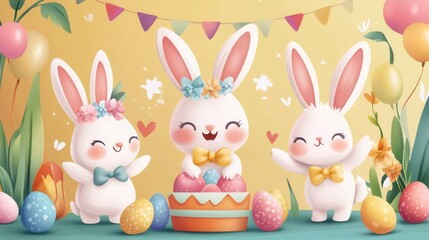 Fototapeta premium Colorful Easter celebration with cheerful bunnies decorating eggs in a festive setting surrounded by balloons and flowers
