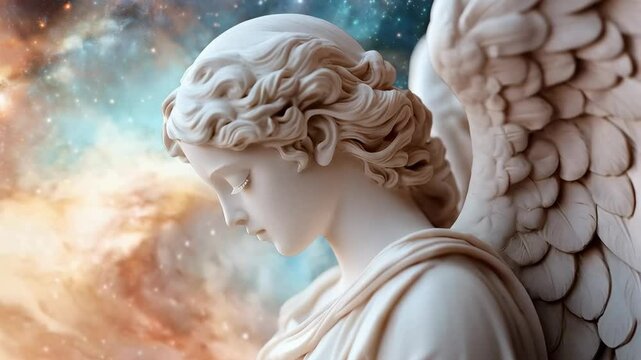 Angelic statue against cosmic background. Marble sculpture of winged figure in profile. Spiritual art blending classical and celestial themes.