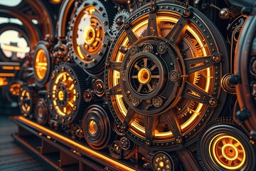 Obraz premium Ornate Steampunk Design with Glowing Gears and Dynamic Steam Elements