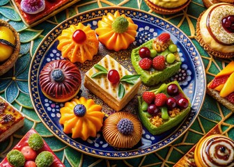Art Deco Patchwork Food Photography: Geometric Styled Plate of Colorful Treats