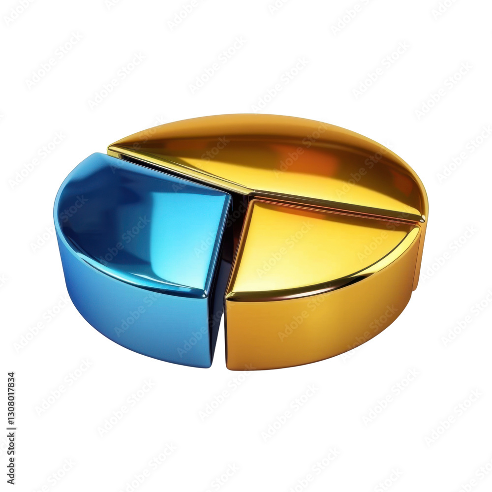 Poster shiny, three dimensional pie chart in gold and blue colors, representing data visualization and anal
