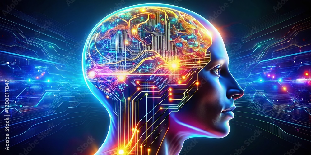 Poster artificial intelligence concept: human brain with circuitry and light trails