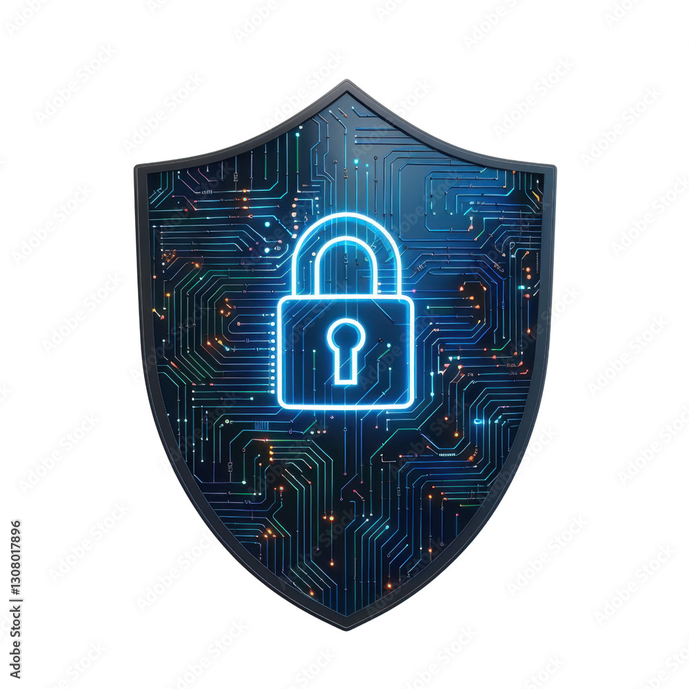 Poster digital shield with lock symbol, representing cybersecurity and protection. design features circuit 