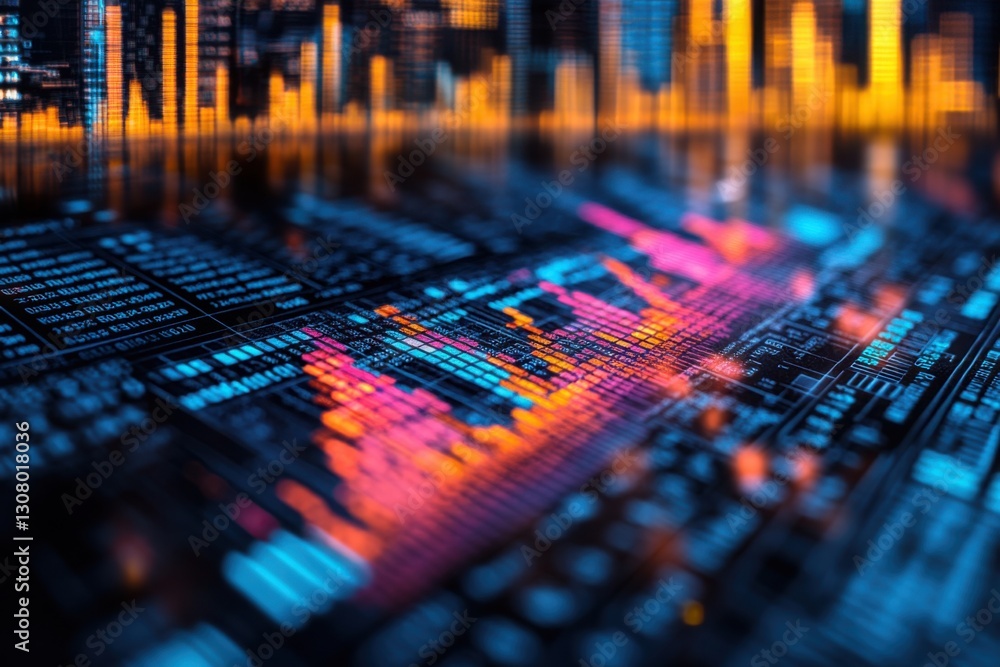 Poster abstract data visualization with vibrant neon colors illuminating complex datasets and city reflecti