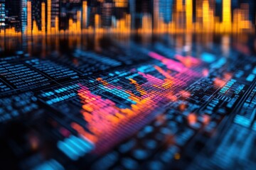 Abstract data visualization with vibrant neon colors illuminating complex datasets and city reflections Modern tech aesthetic