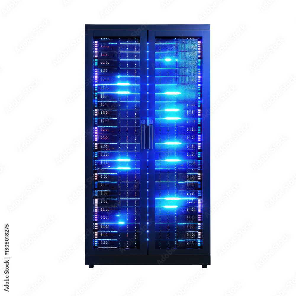 Poster high tech server rack with glowing blue lights, showcasing advanced technology and data storage. ill