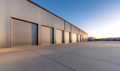 Obraz premium Industrial warehouse featuring metal siding and large design elements in a high-quality image.