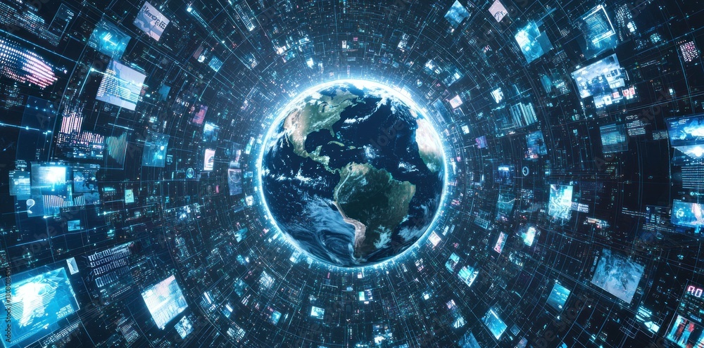 Poster futuristic digital world with floating data around earth, showcasing a blend of technology and globa