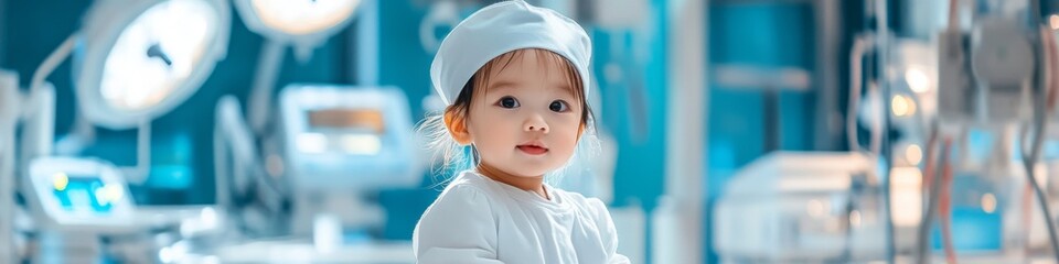 Adorable baby in a doctor's cap, playing in a hospital setting.