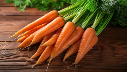 close up of freshly harvested carrots with green tops on a wooden table with copy space