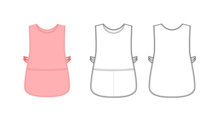 Set of Aprons Cobbler Slipover Smock technical fashion illustration. Tabard uniform for cooking pink cartoon Flat sketch outline apparel template front, back view. Women men unisex CAD mockup isolated